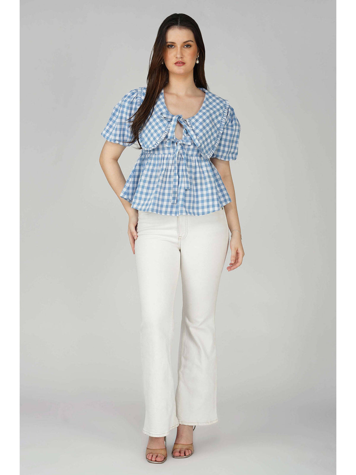 Blue Checked Front Tie-Up Peplum Top | pt51 - view 3