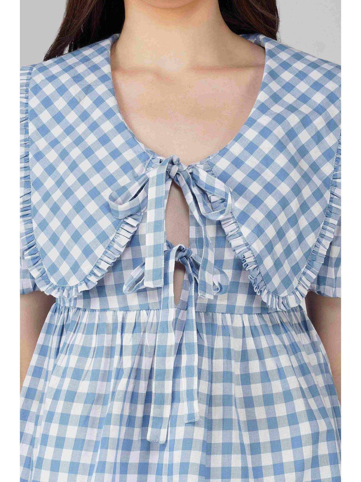 Blue Checked Front Tie-Up Peplum Top | pt51 - view 4