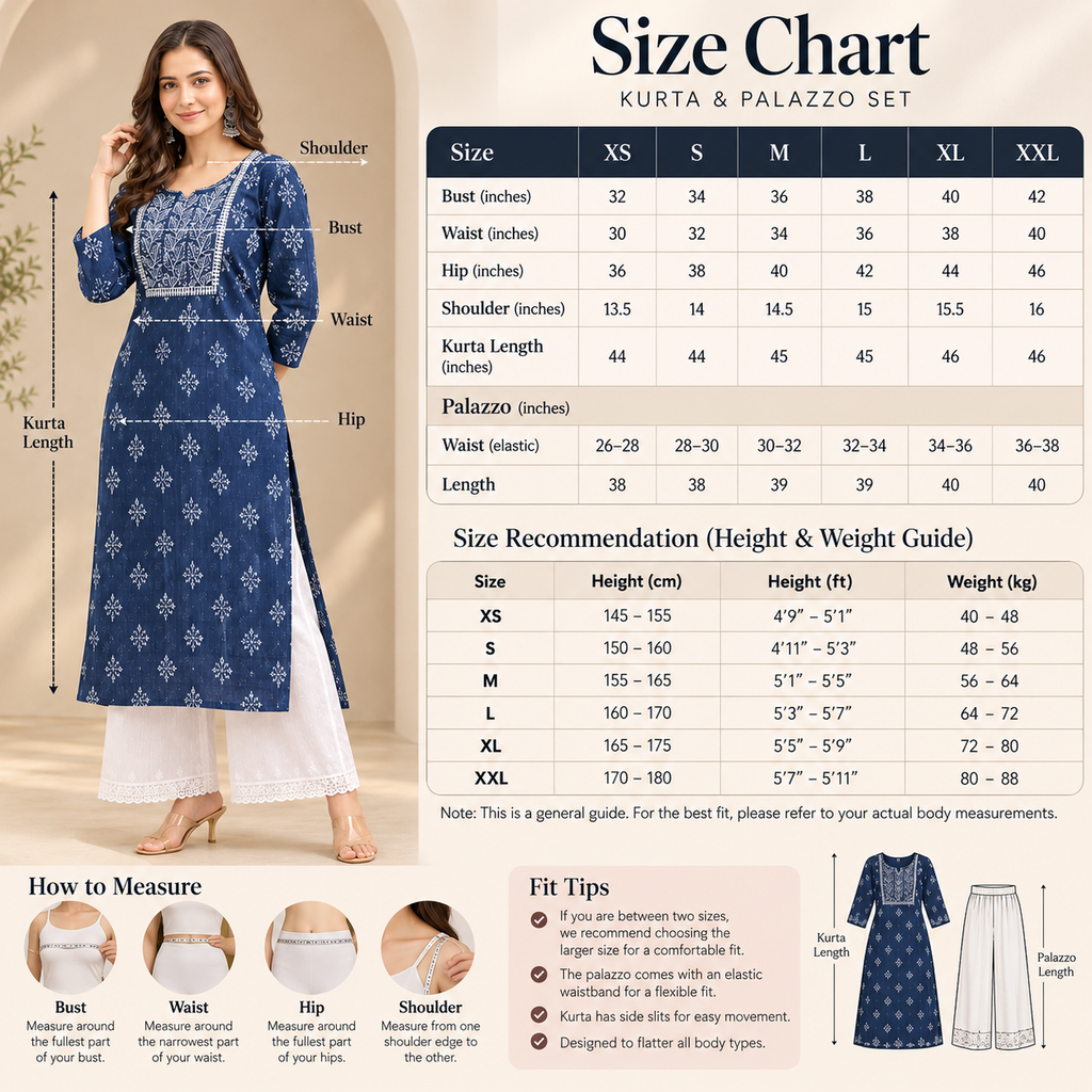 Navy Blue Printed Kurta with White Lace-Trim Palazzo