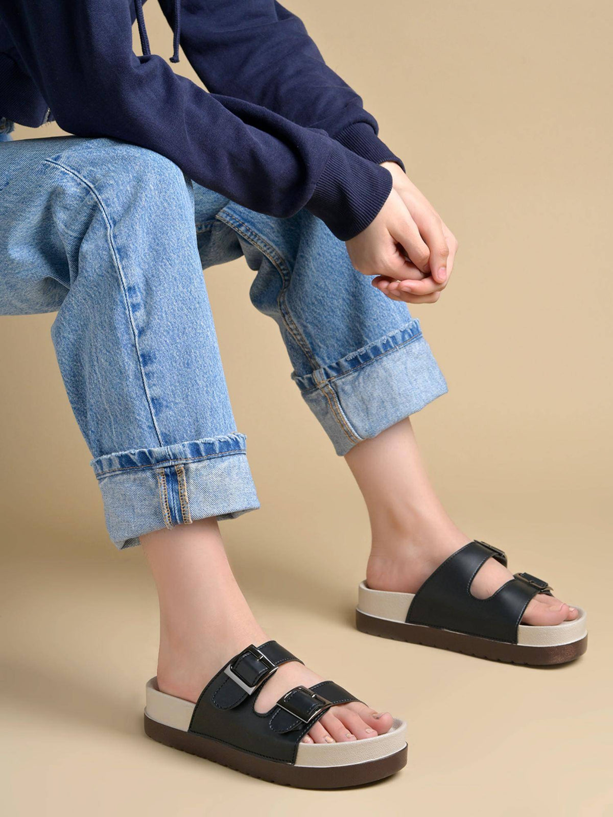 Women Black Dual Buckle Comfort Sandals | SD89 - view 2