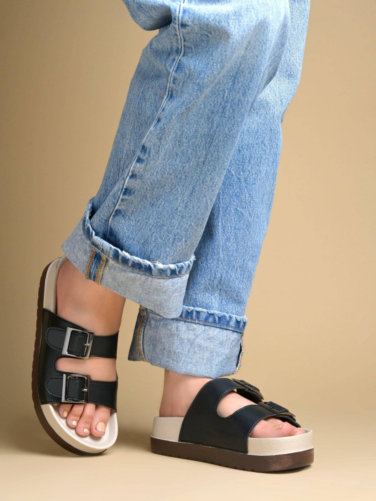 Women Black Dual Buckle Comfort Sandals | SD89 - view 3