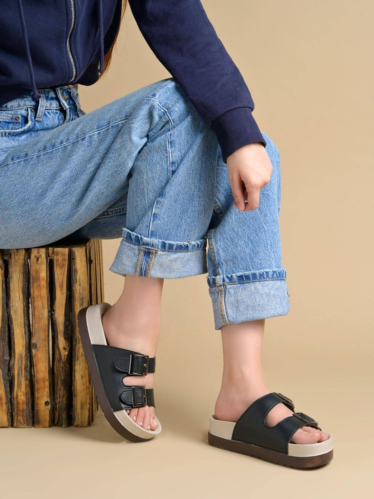 Women Black Dual Buckle Comfort Sandals | SD89 - view 4