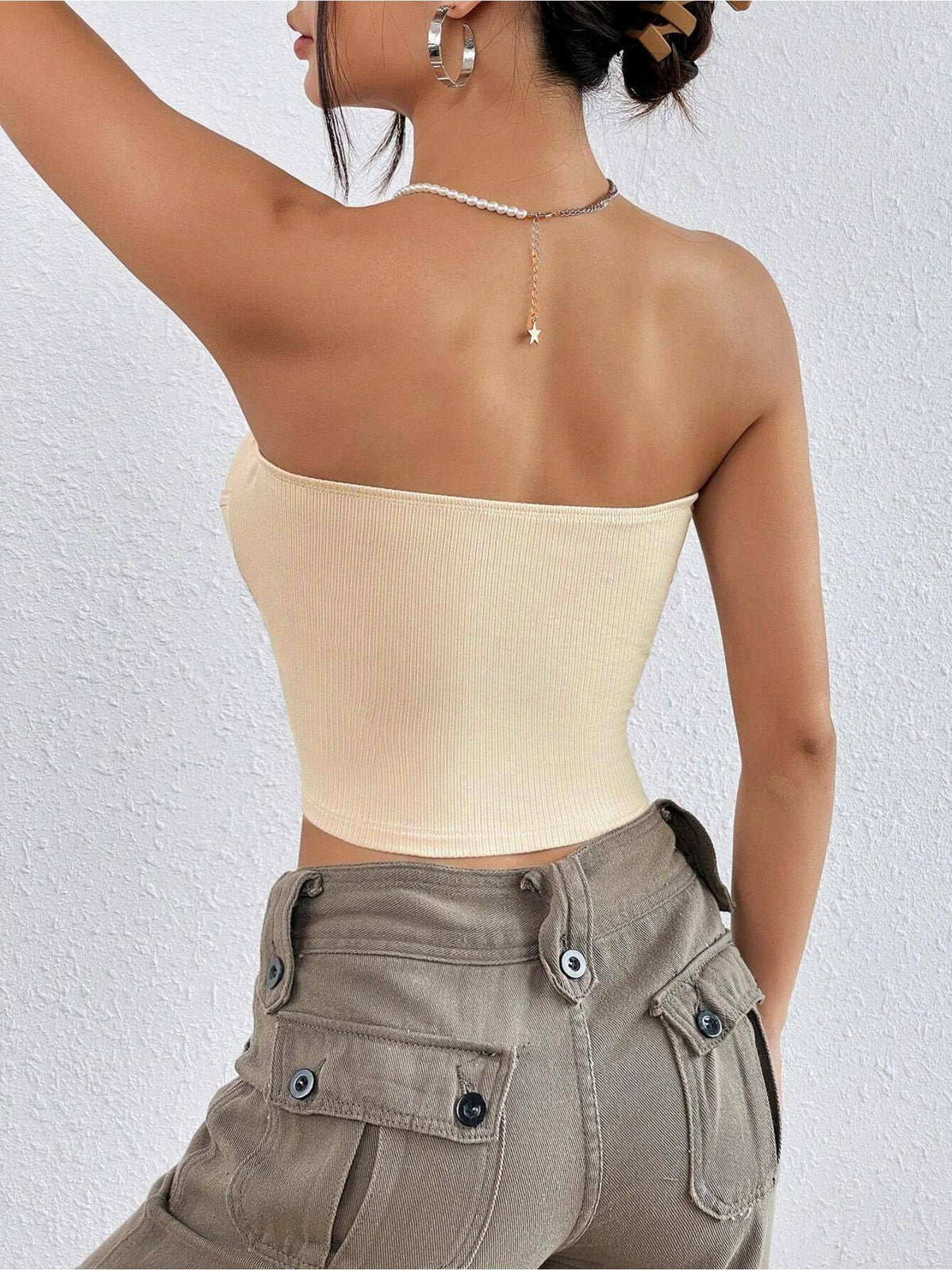 Womens Cream Ribbed Tube Top | TT90 - view 2