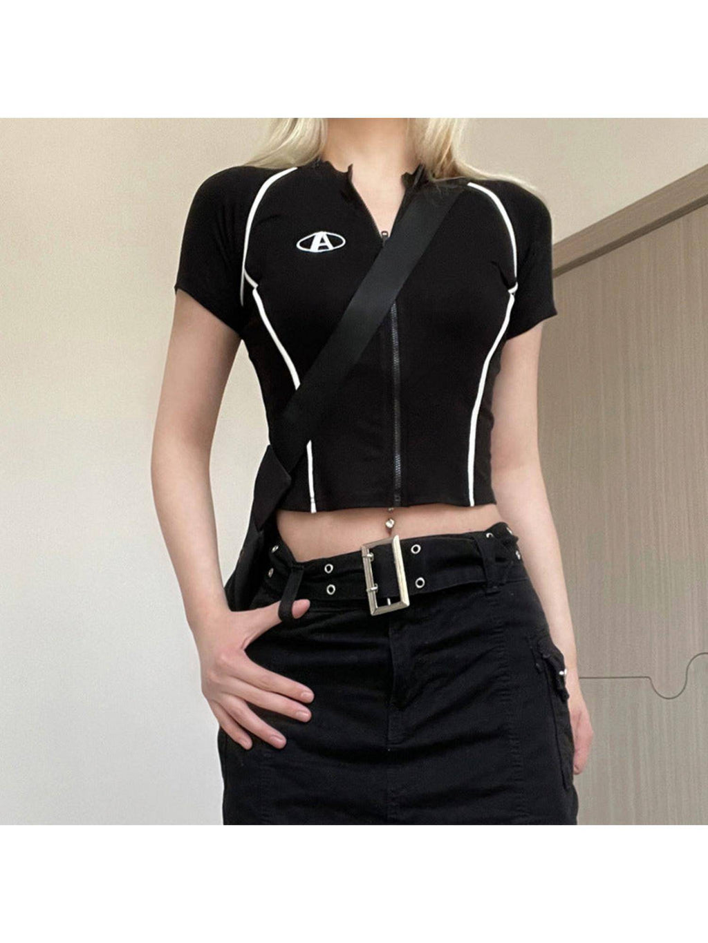 Womens Black High Neck Zip Up Graphic Crop Top | CT61 - view 1