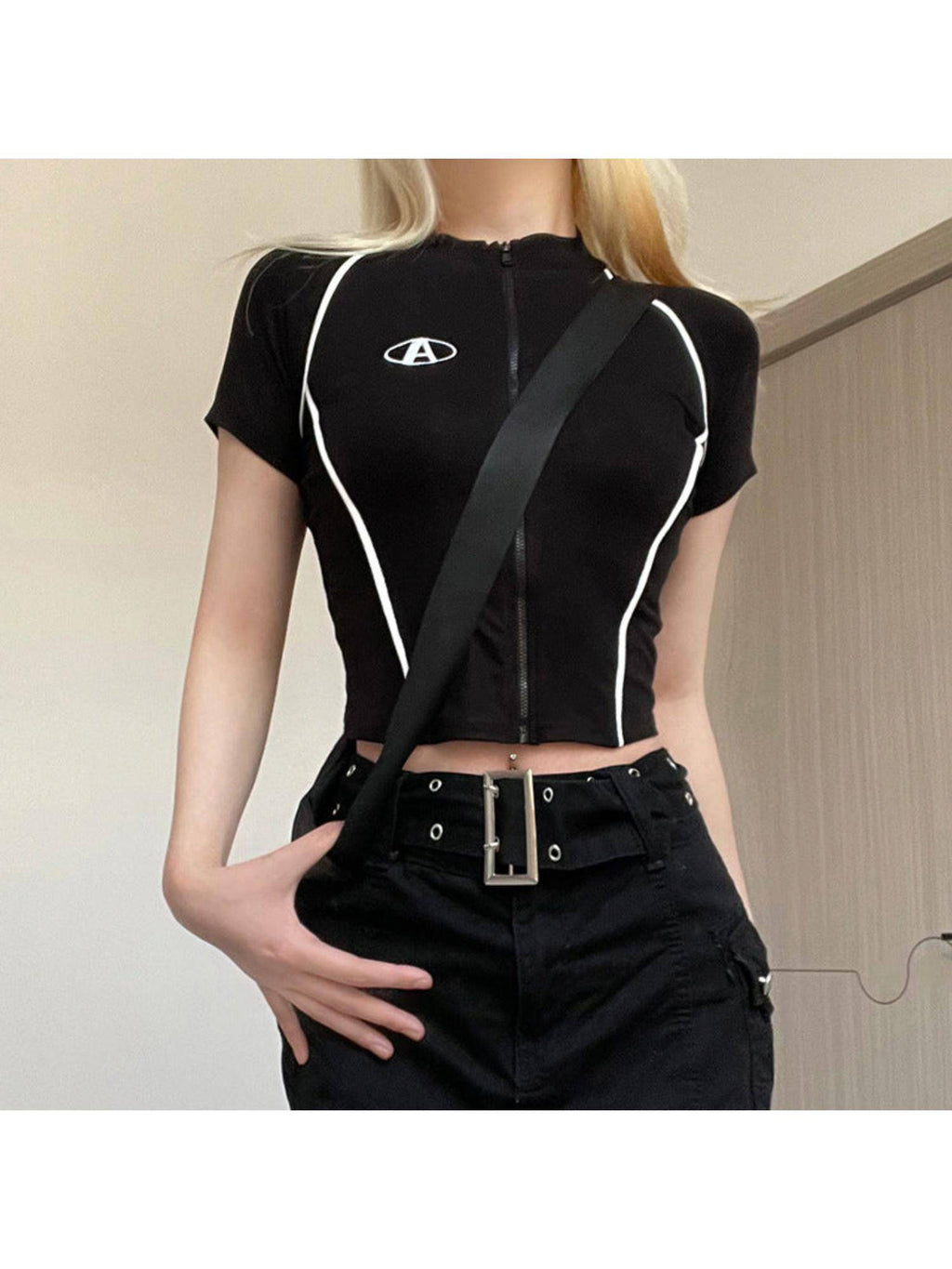 Womens Black High Neck Zip Up Graphic Crop Top | CT61 - view 2