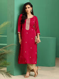 Red Embroidered Silk Blend Kurta | KDG - view 1