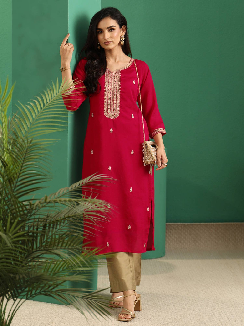 Red Embroidered Silk Blend Kurta | KDG - view 6