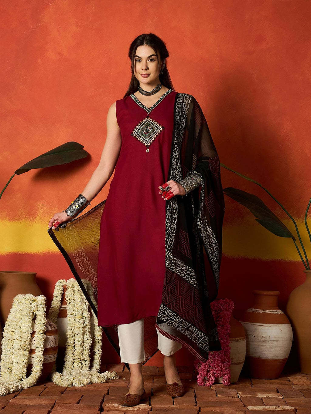Maroon Solid Rayon Kurta and Dupatta | FY93 - view 1