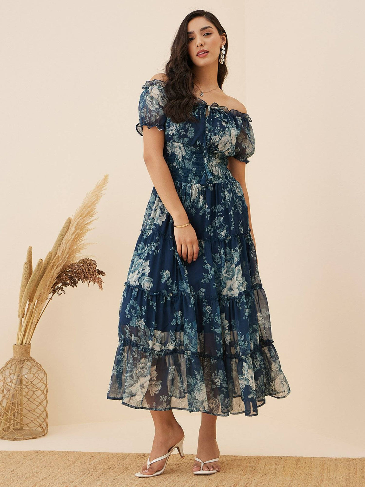 Women Casual Teal Blue Colour Off Shoulder Midi Floral Dress | D56 - view 1