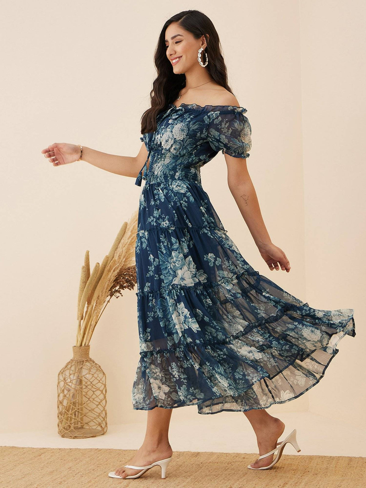 Women Casual Teal Blue Colour Off Shoulder Midi Floral Dress | D56 - view 2