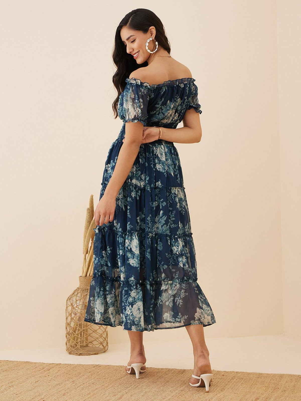 Women Casual Teal Blue Colour Off Shoulder Midi Floral Dress | D56 - view 3