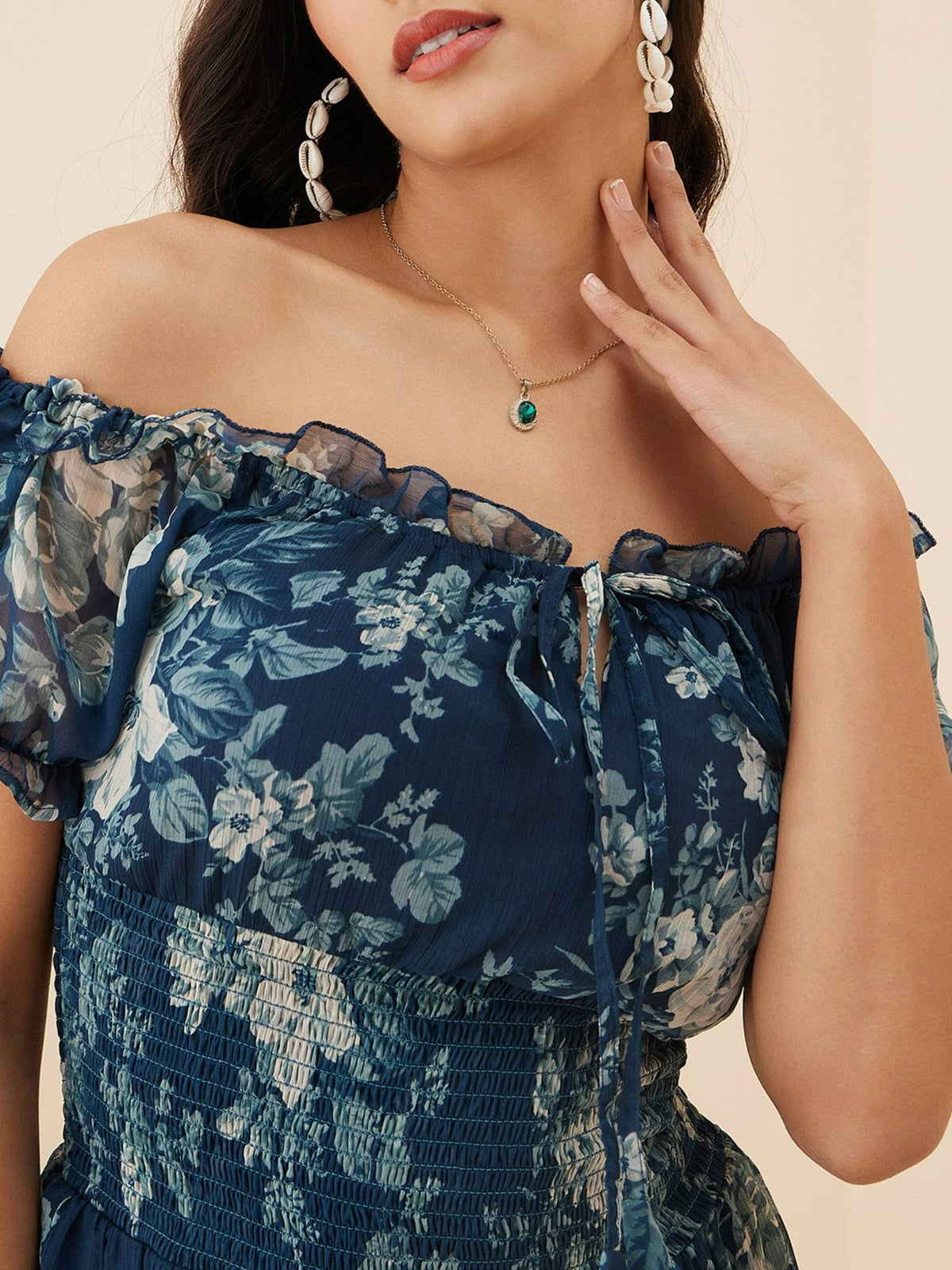 Women Casual Teal Blue Colour Off Shoulder Midi Floral Dress | D56 - view 4