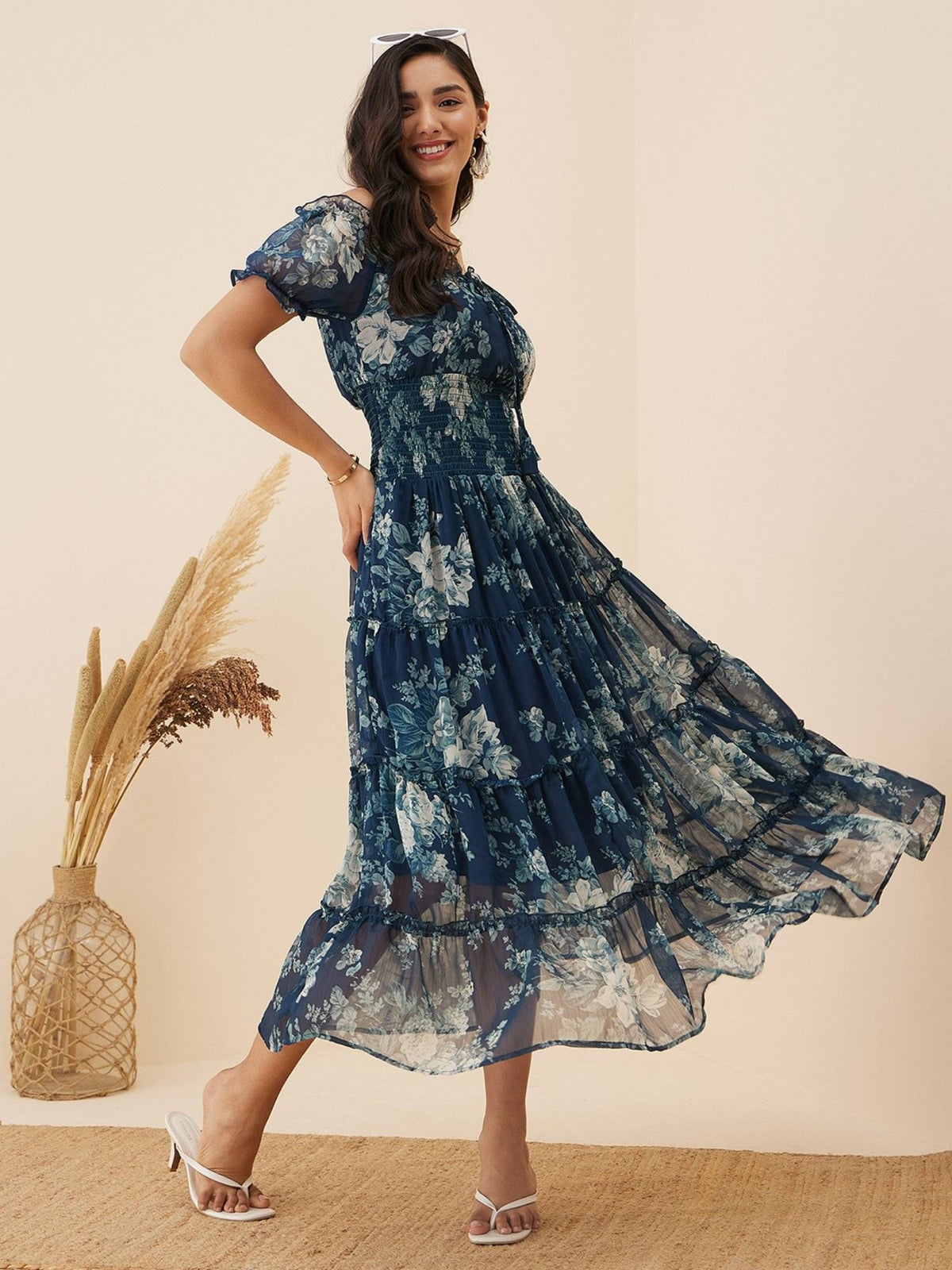 Women Casual Teal Blue Colour Off Shoulder Midi Floral Dress | D56 - view 5