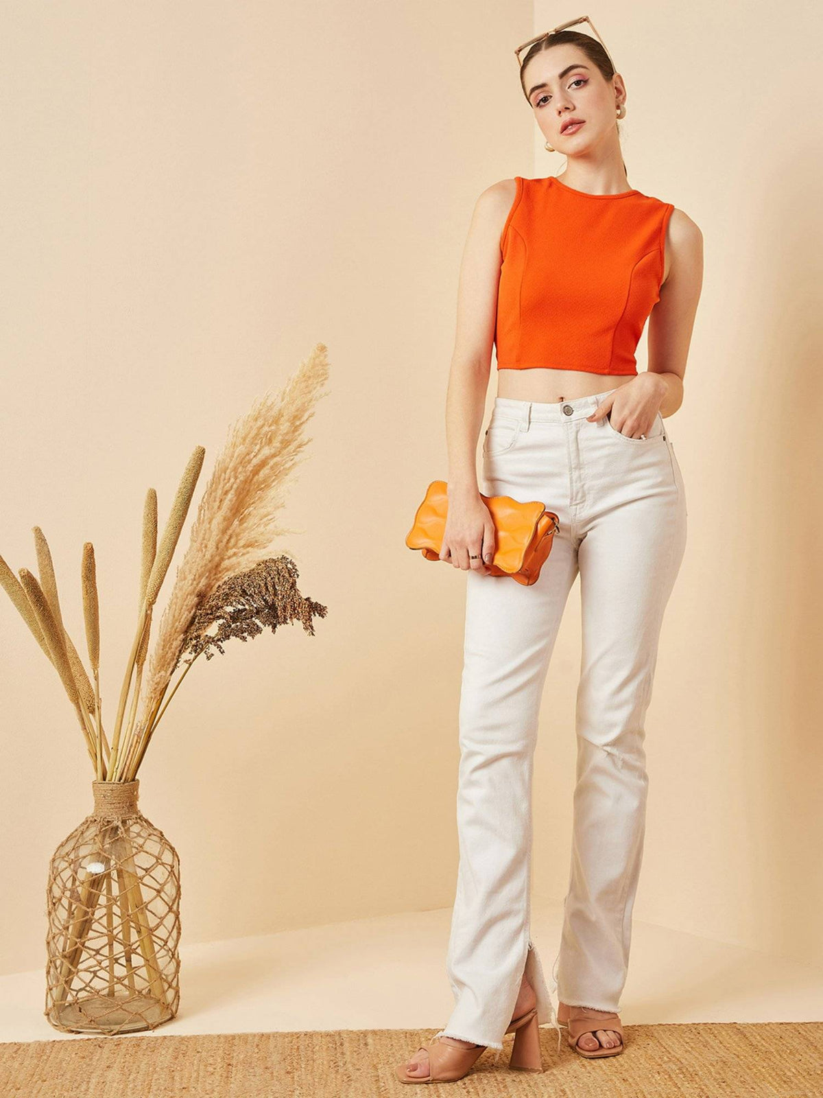 Women Casual Orange Colour Round Neck Solid Crop Top | CT61 - view 5