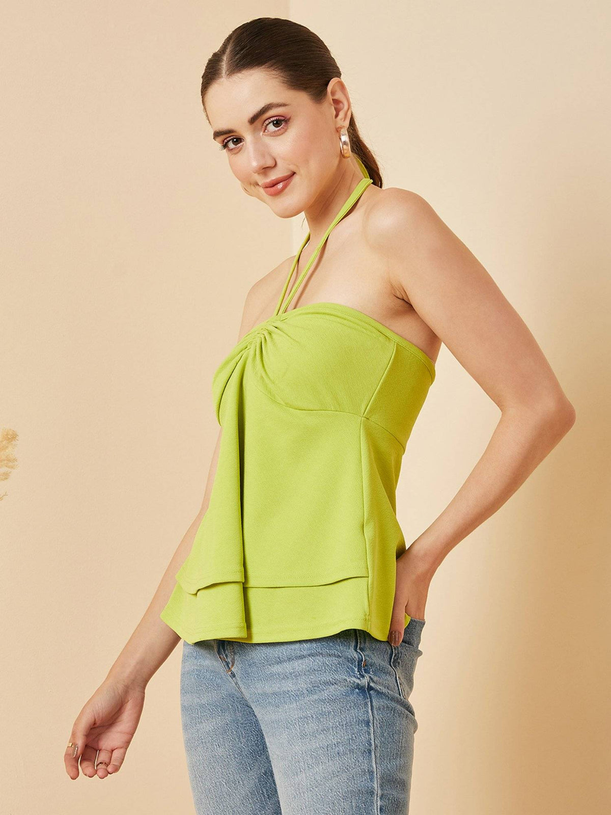 Women Casual Lime Green Colour Halter Neck Solid Tube Top | TT90 - view 2