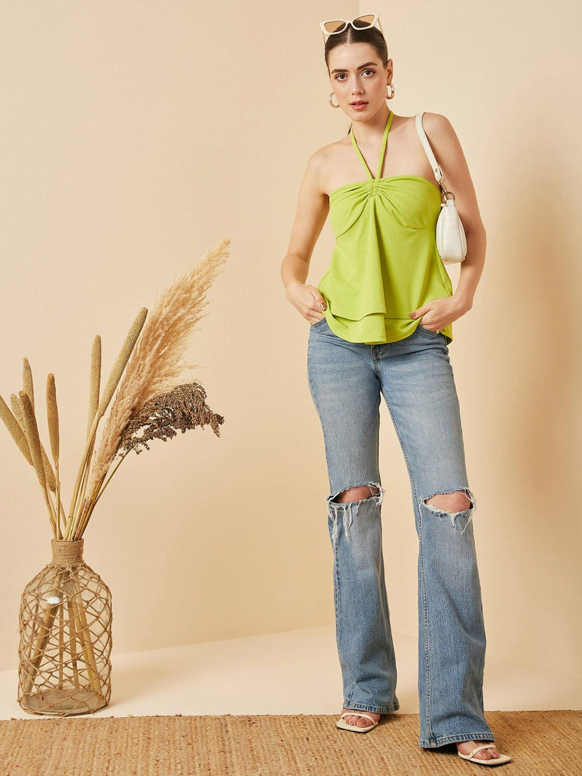 Women Casual Lime Green Colour Halter Neck Solid Tube Top | TT90 - view 5