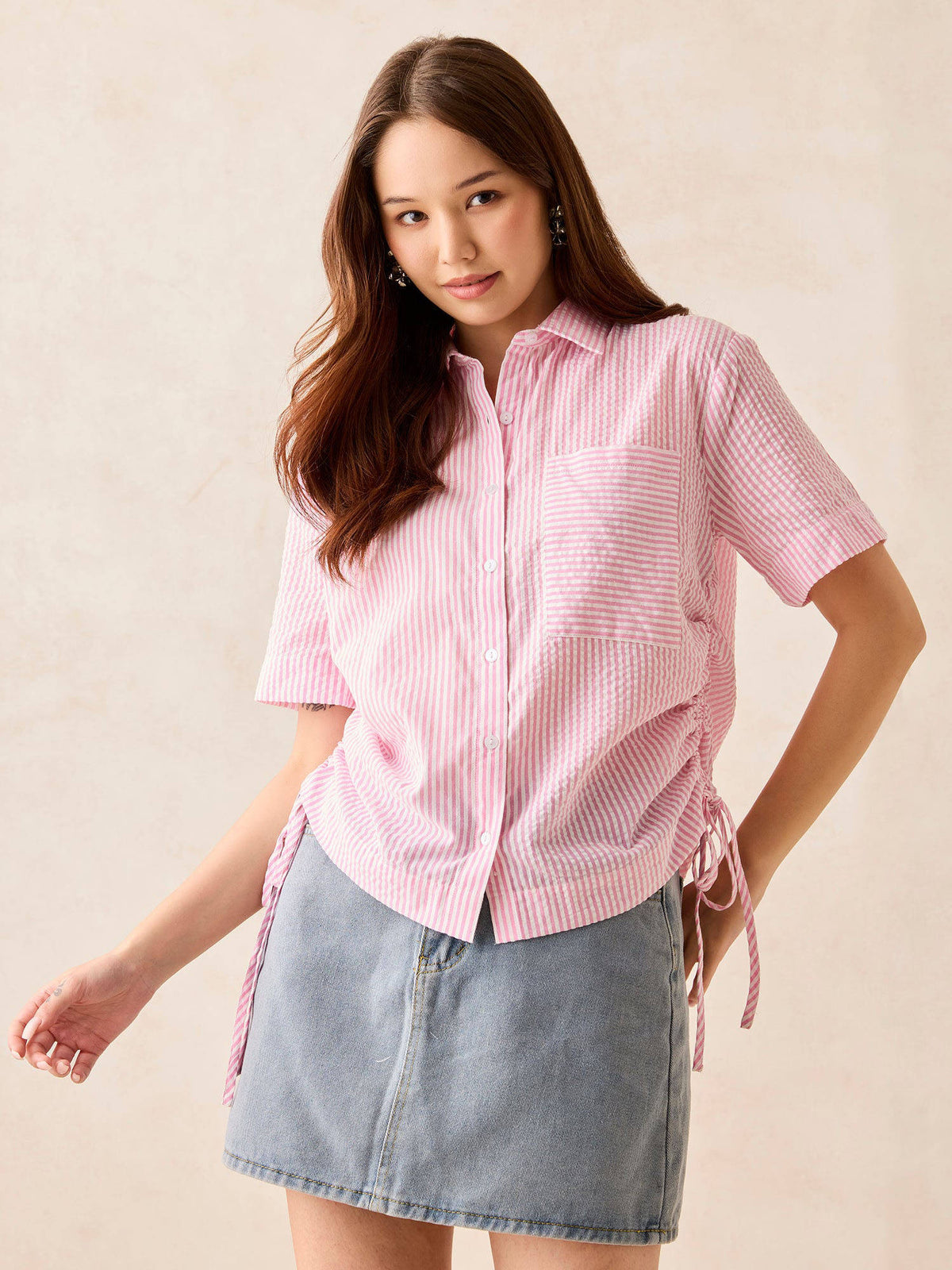 Pink Boxy Shirt with Side Ruching Detail | S67 - view 5