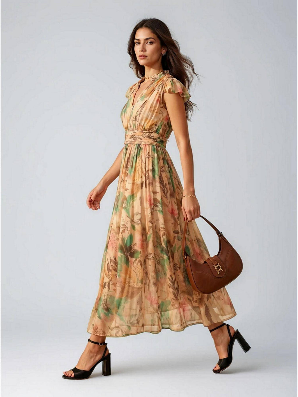 Coffee Polka Dot Polyester Maxi Dress | D56 - view 13
