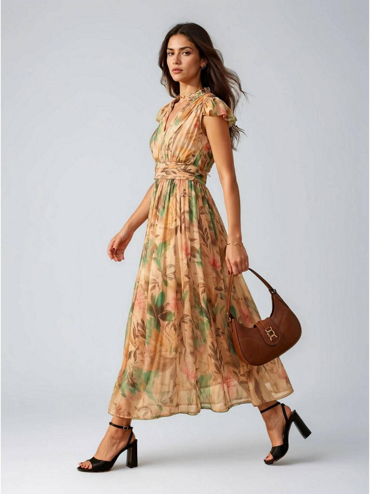 Coffee Polka Dot Polyester Maxi Dress | D56 - view 13