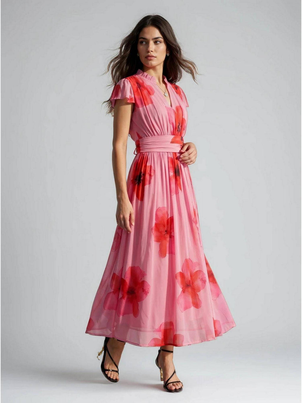 Sheer Flutter Sleeves Pink Floral Polyester Maxi Dress | D56 - view 1