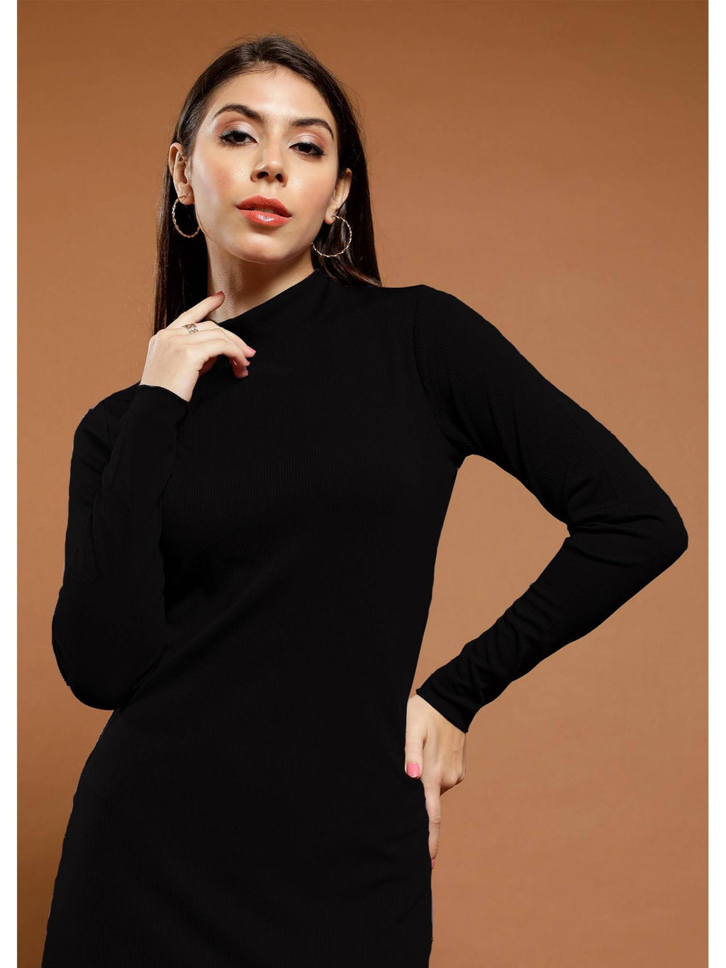 Black Full Sleeves High Neck Solid Bodycon Casual Dress | D56 - view 2