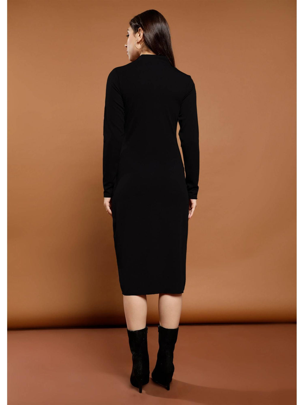 Black Full Sleeves High Neck Solid Bodycon Casual Dress | D56 - view 3