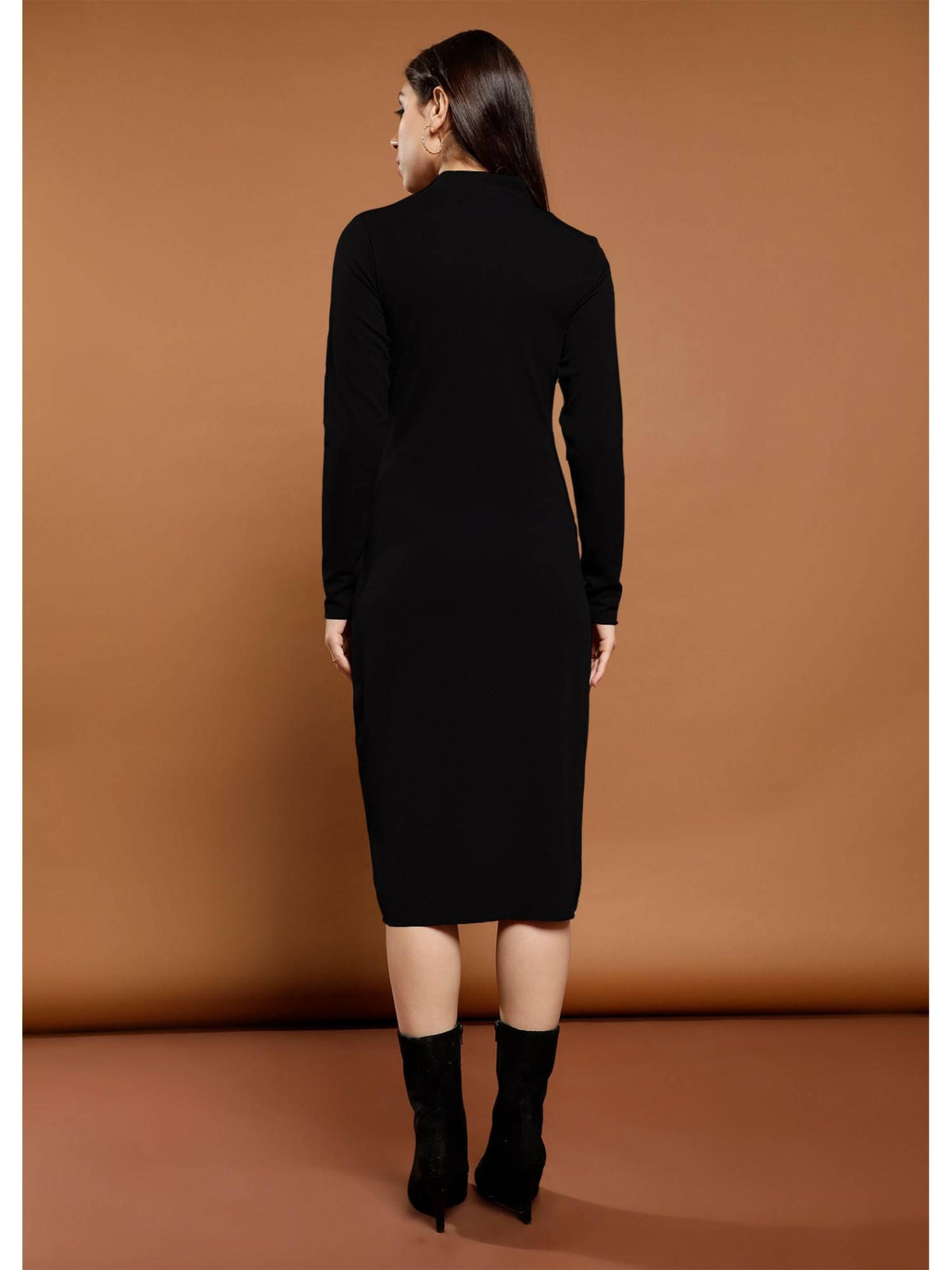 Black Full Sleeves High Neck Solid Bodycon Casual Dress | D56 - view 3