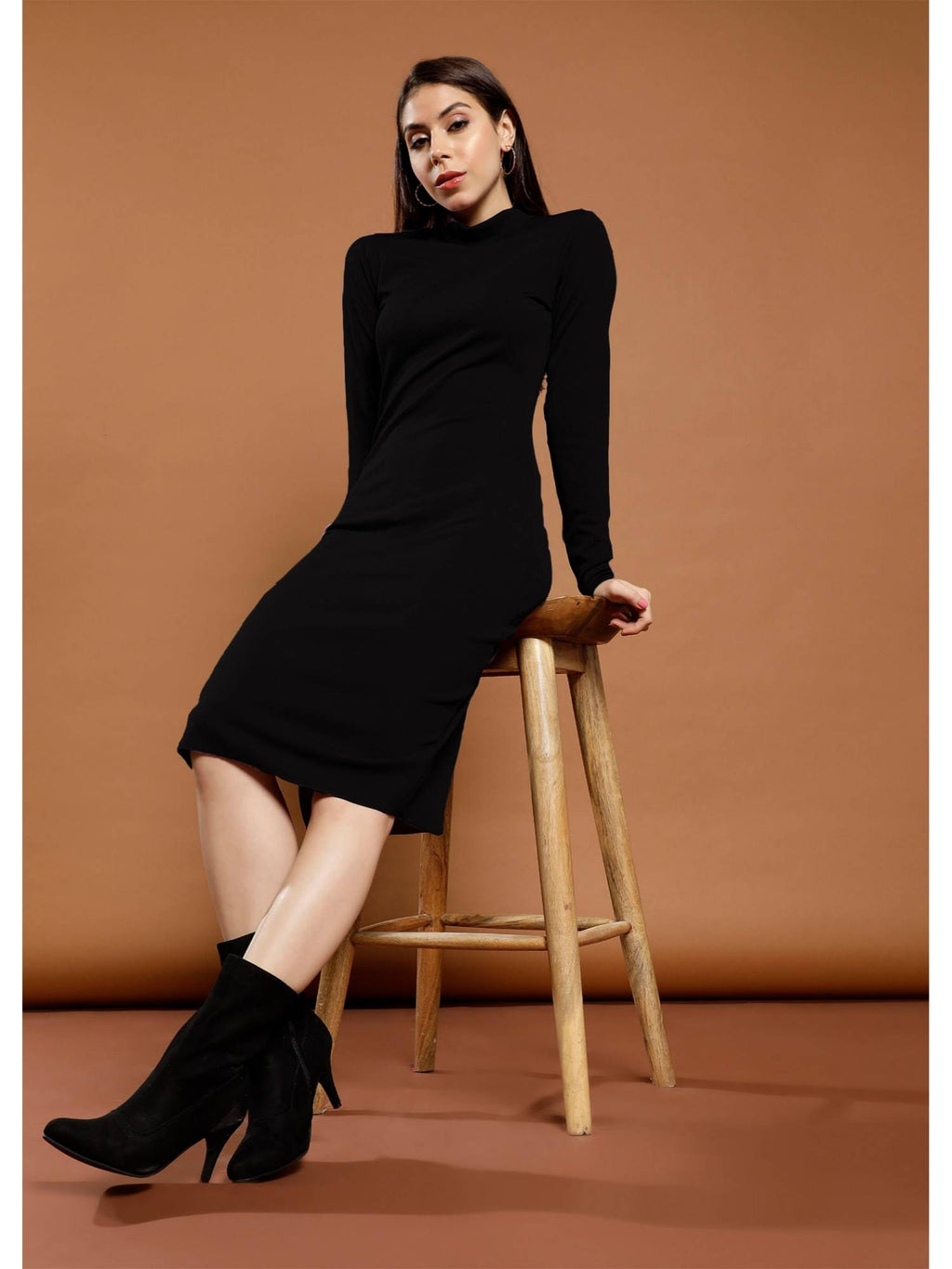 Black Full Sleeves High Neck Solid Bodycon Casual Dress | D56 - view 4