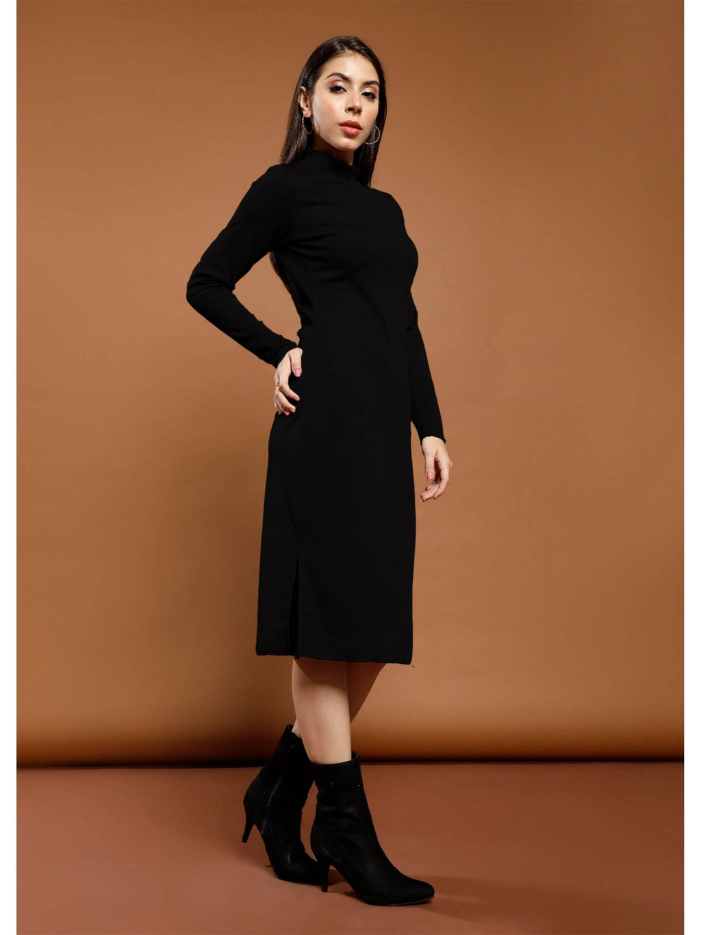 Black Full Sleeves High Neck Solid Bodycon Casual Dress | D56 - view 6