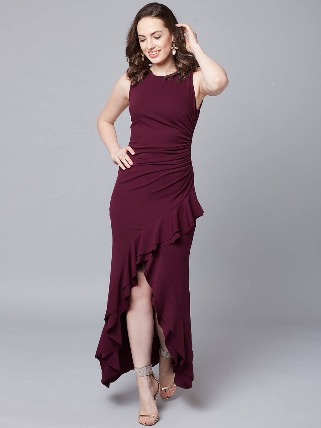 Burgundy Sleeveless Round Neck Solid Maxi Party Dress | D56 - view 1