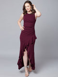 Burgundy Sleeveless Round Neck Solid Maxi Party Dress | D56 - view 1