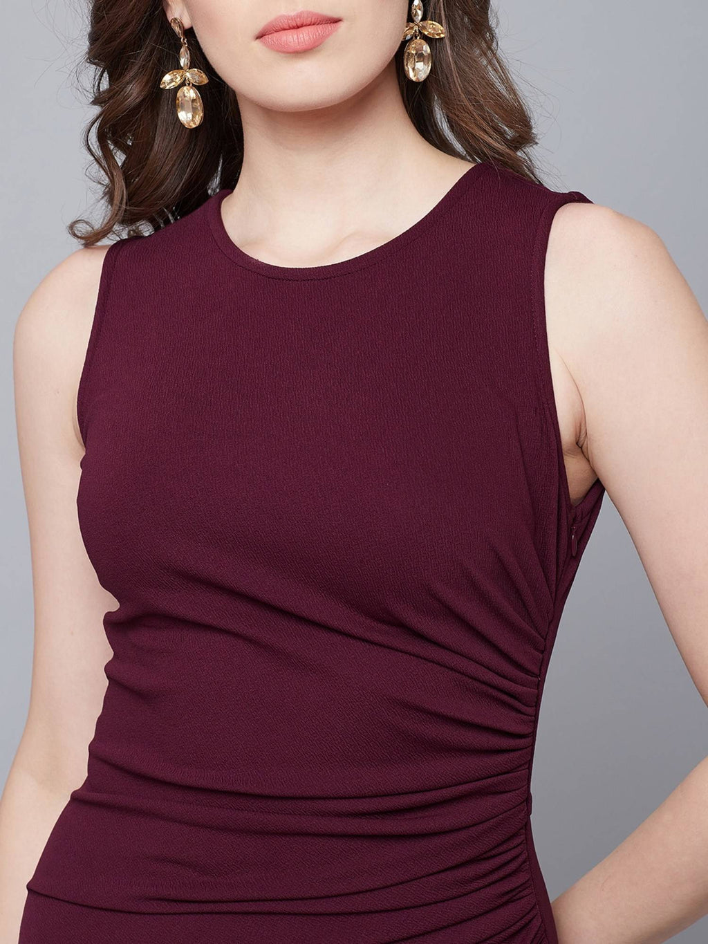 Burgundy Sleeveless Round Neck Solid Maxi Party Dress | D56 - view 2