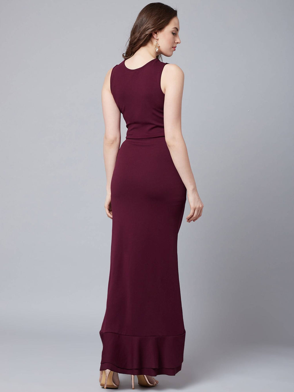 Burgundy Sleeveless Round Neck Solid Maxi Party Dress | D56 - view 3