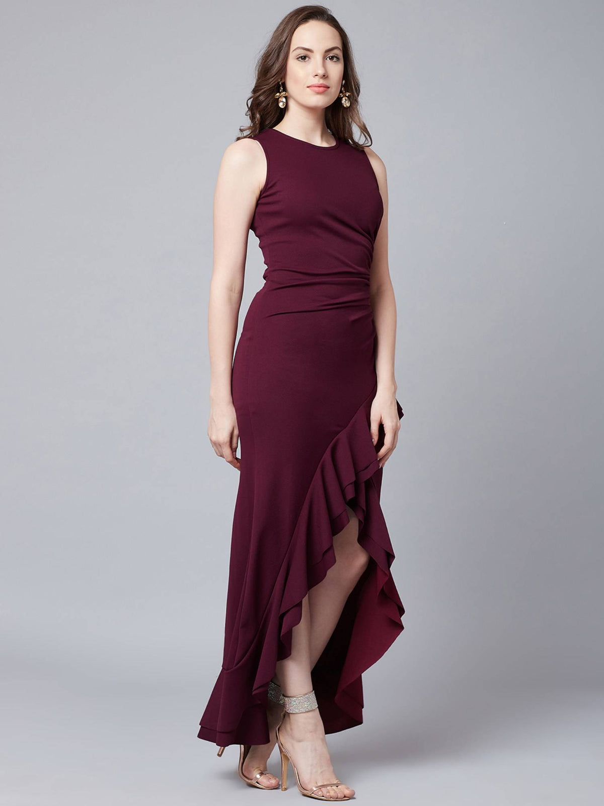 Burgundy Sleeveless Round Neck Solid Maxi Party Dress | D56 - view 5