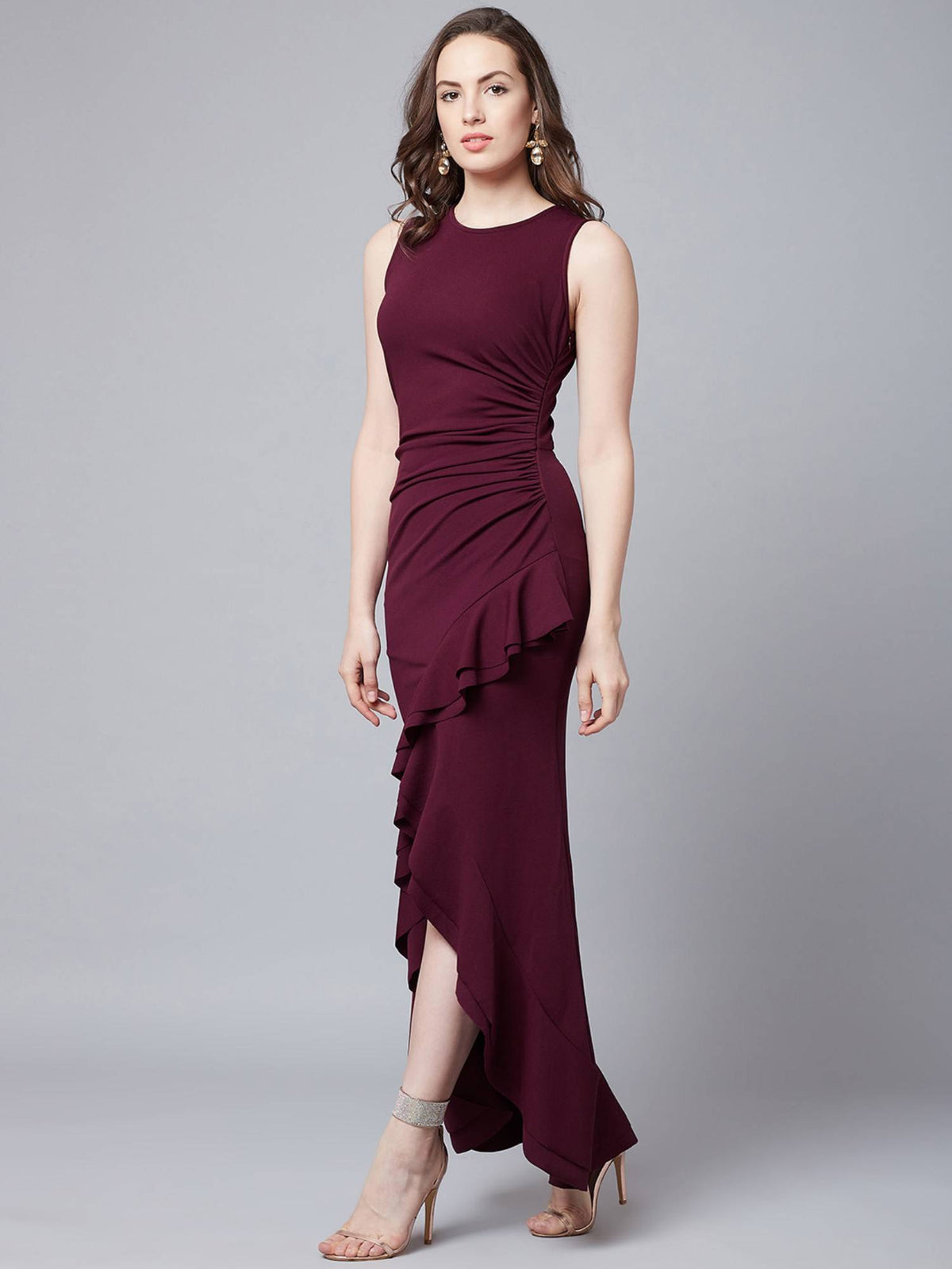 Burgundy Sleeveless Round Neck Solid Maxi Party Dress | D56 - view 6