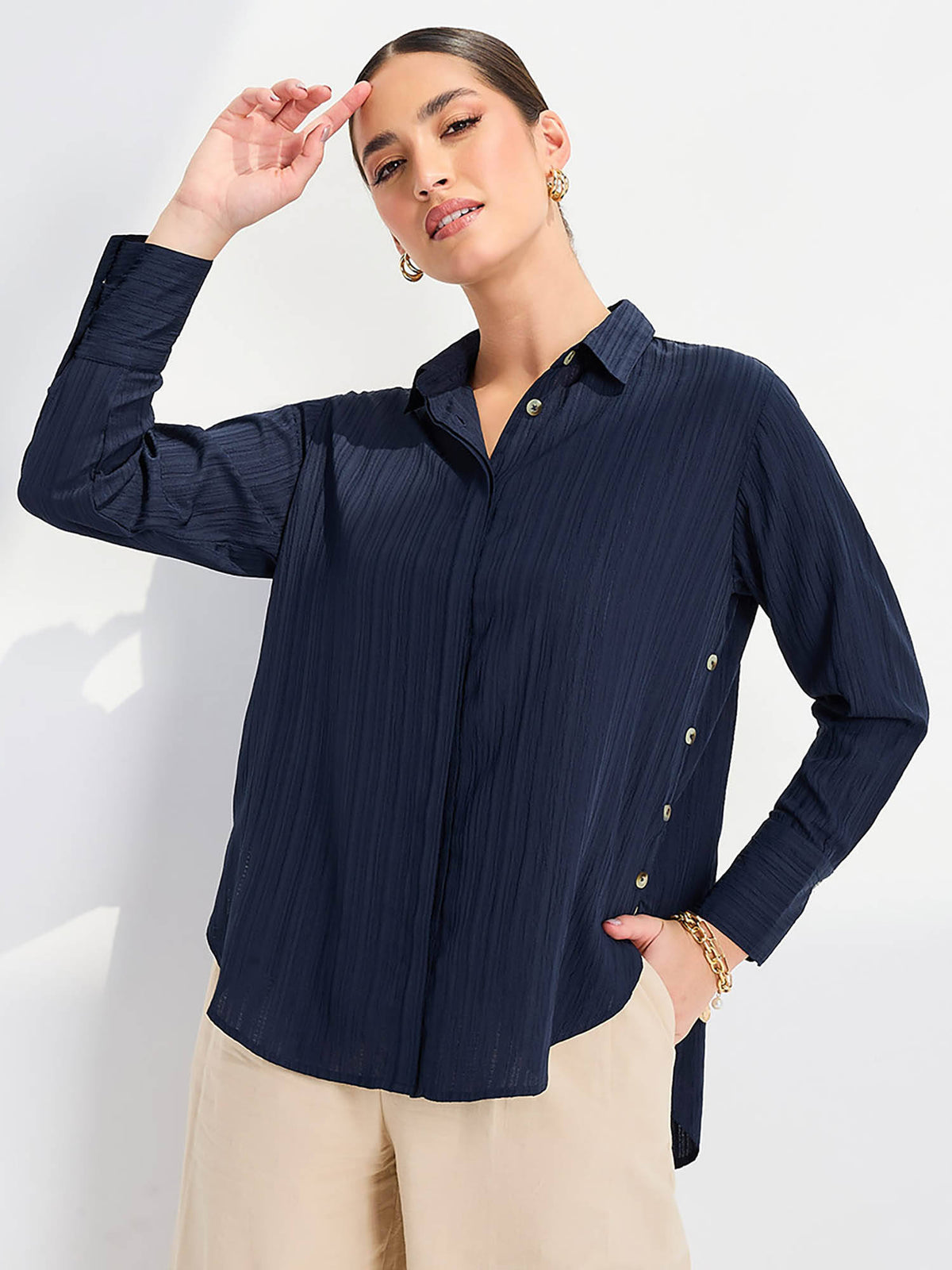High Low Hem Button Detail Crepe Regular Fit Shirt Navy Blue | S67 - view 1