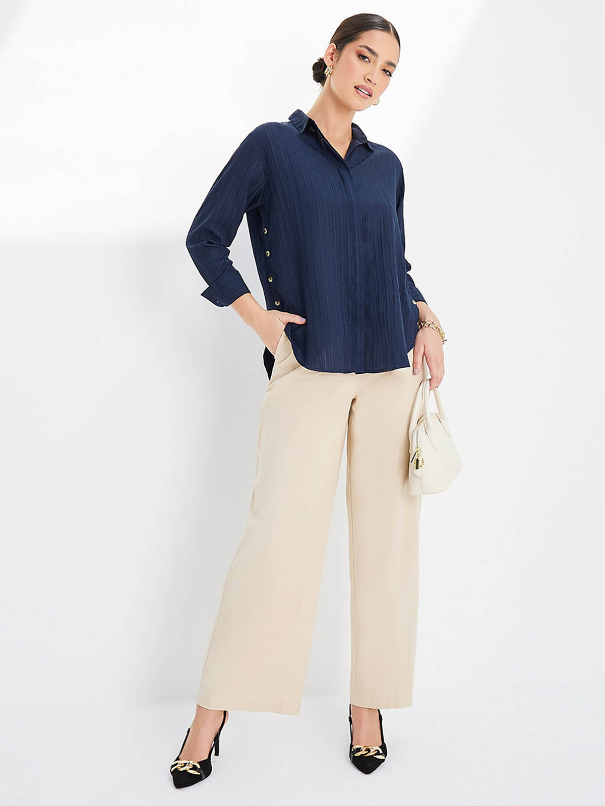High Low Hem Button Detail Crepe Regular Fit Shirt Navy Blue | S67 - view 2