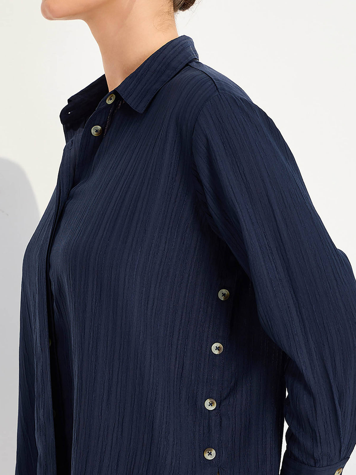 High Low Hem Button Detail Crepe Regular Fit Shirt Navy Blue | S67 - view 3