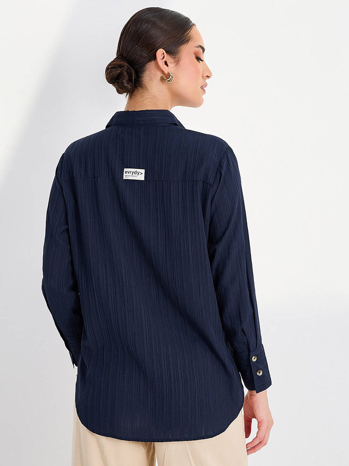High Low Hem Button Detail Crepe Regular Fit Shirt Navy Blue | S67 - view 4