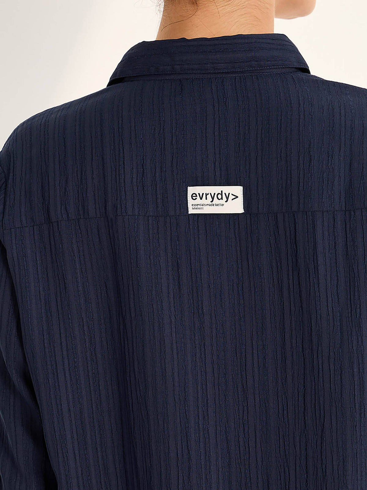 High Low Hem Button Detail Crepe Regular Fit Shirt Navy Blue | S67 - view 5