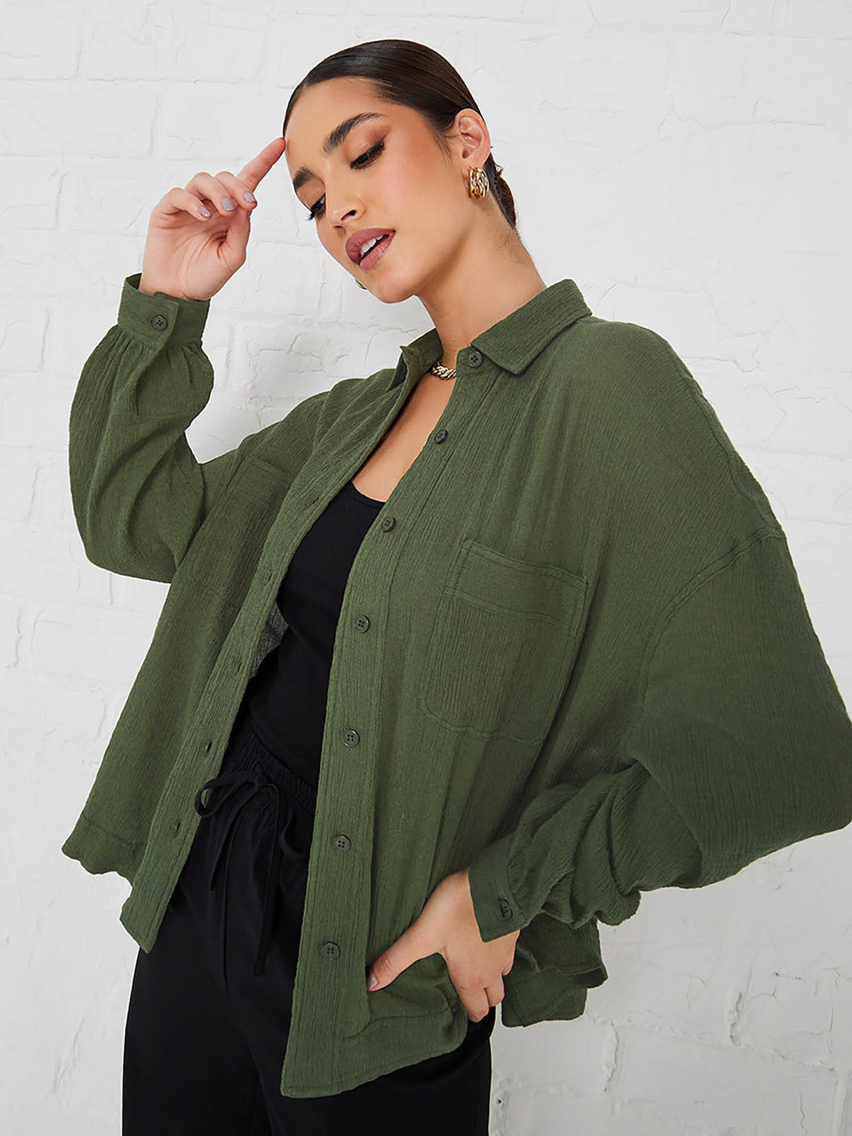 Drop Shoulder Crepe Oversized Patch Pocket Shirt Pink | S67 - view 6