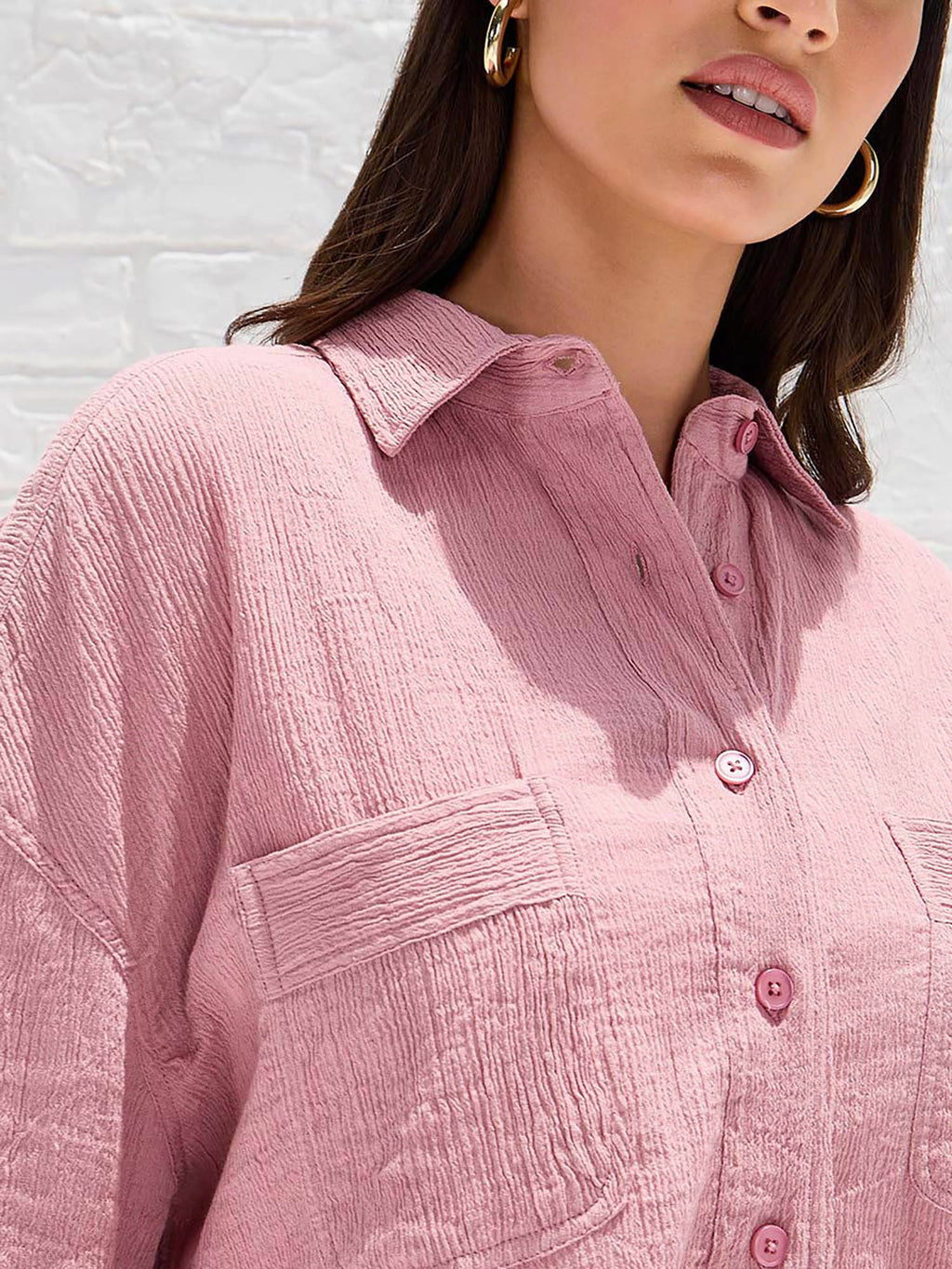 Drop Shoulder Crepe Oversized Patch Pocket Shirt Pink | S67 - view 4