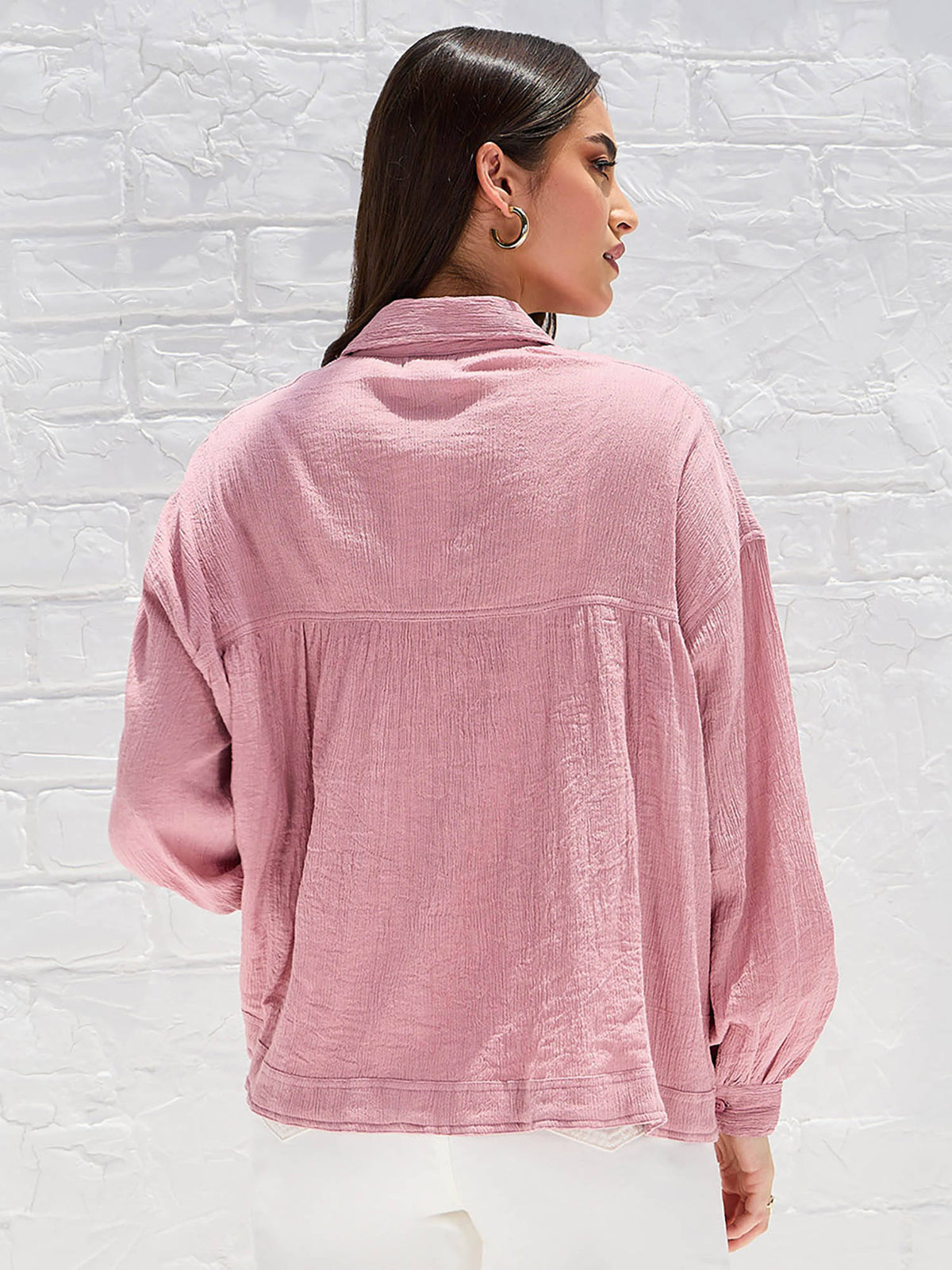 Drop Shoulder Crepe Oversized Patch Pocket Shirt Pink | S67 - view 5