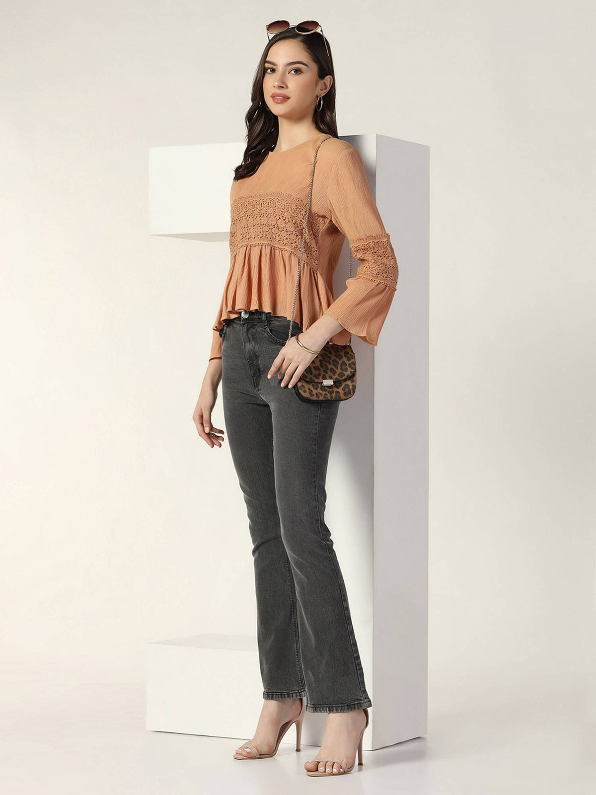 Women Brown Peplum Round Neck Three Fourth Sleeves Top | pt51 - view 1