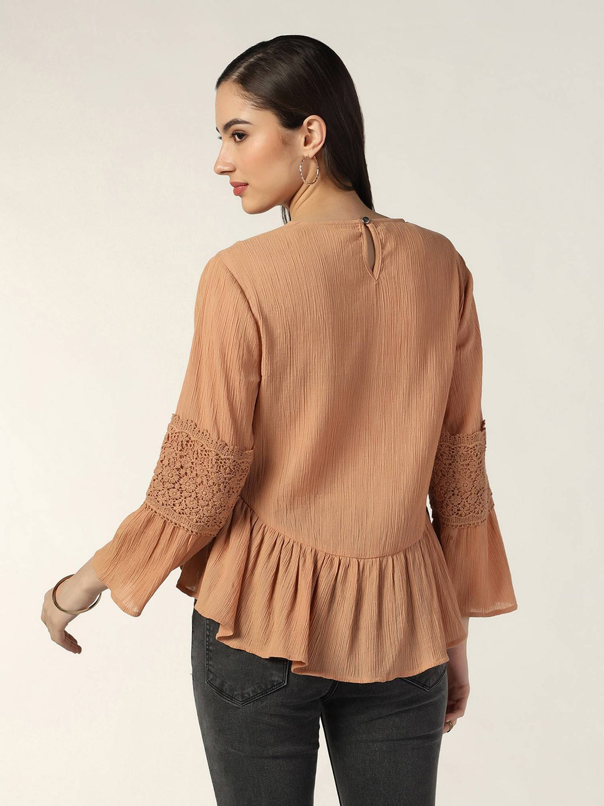 Women Brown Peplum Round Neck Three Fourth Sleeves Top | pt51 - view 2