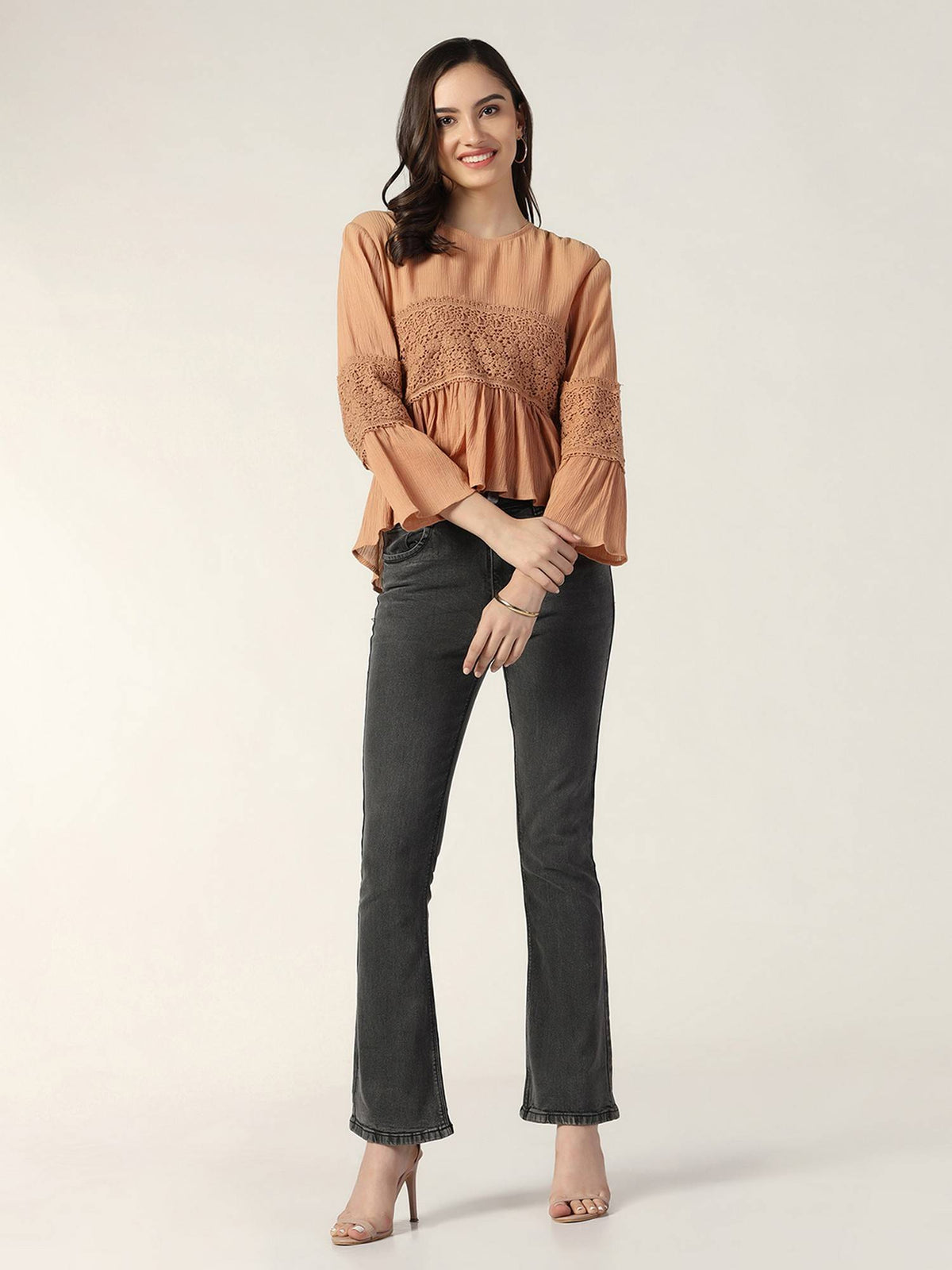Women Brown Peplum Round Neck Three Fourth Sleeves Top | pt51 - view 4
