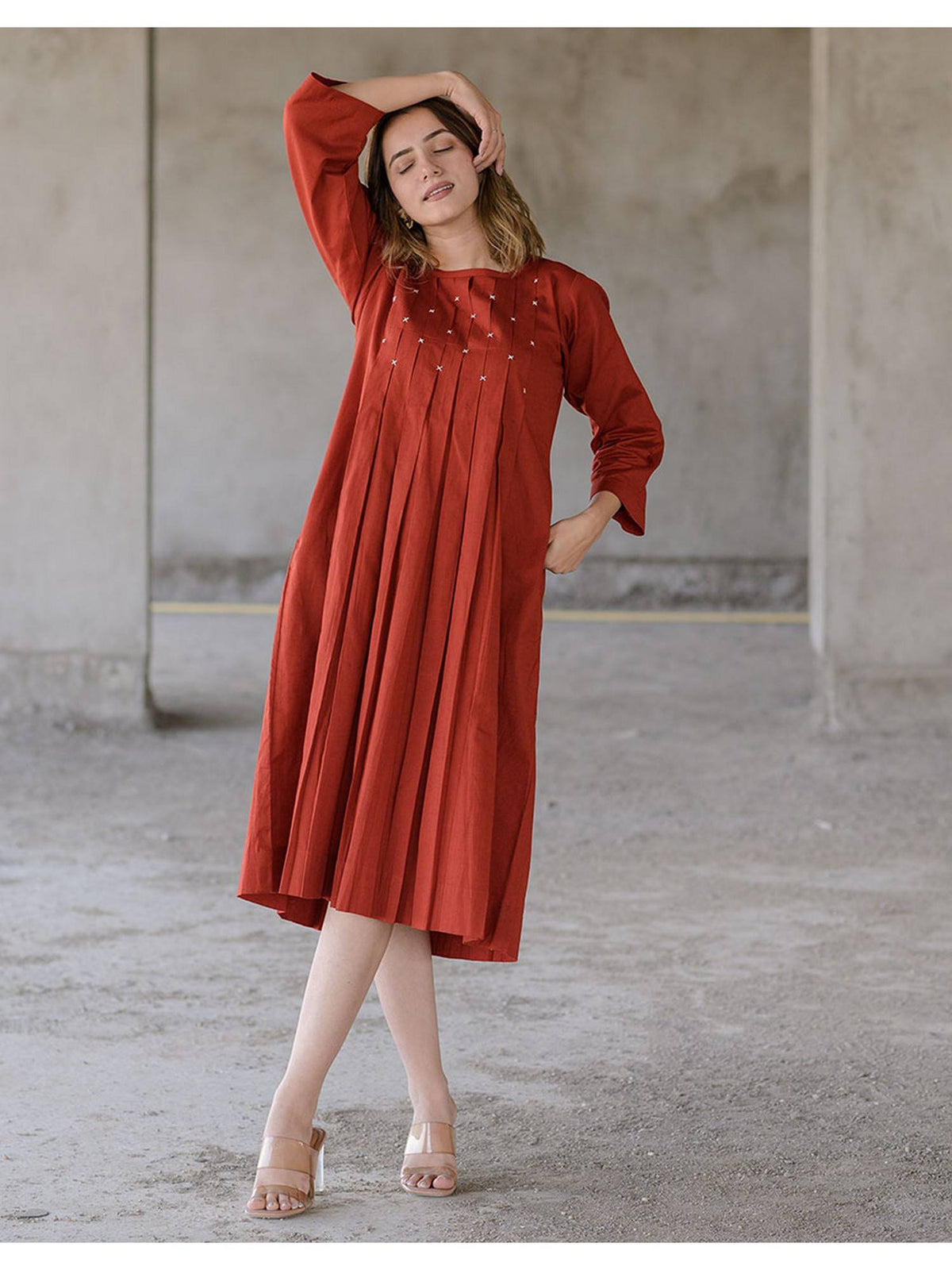 Women Maple Rust Cotton Smock Dress | D56 - view 1