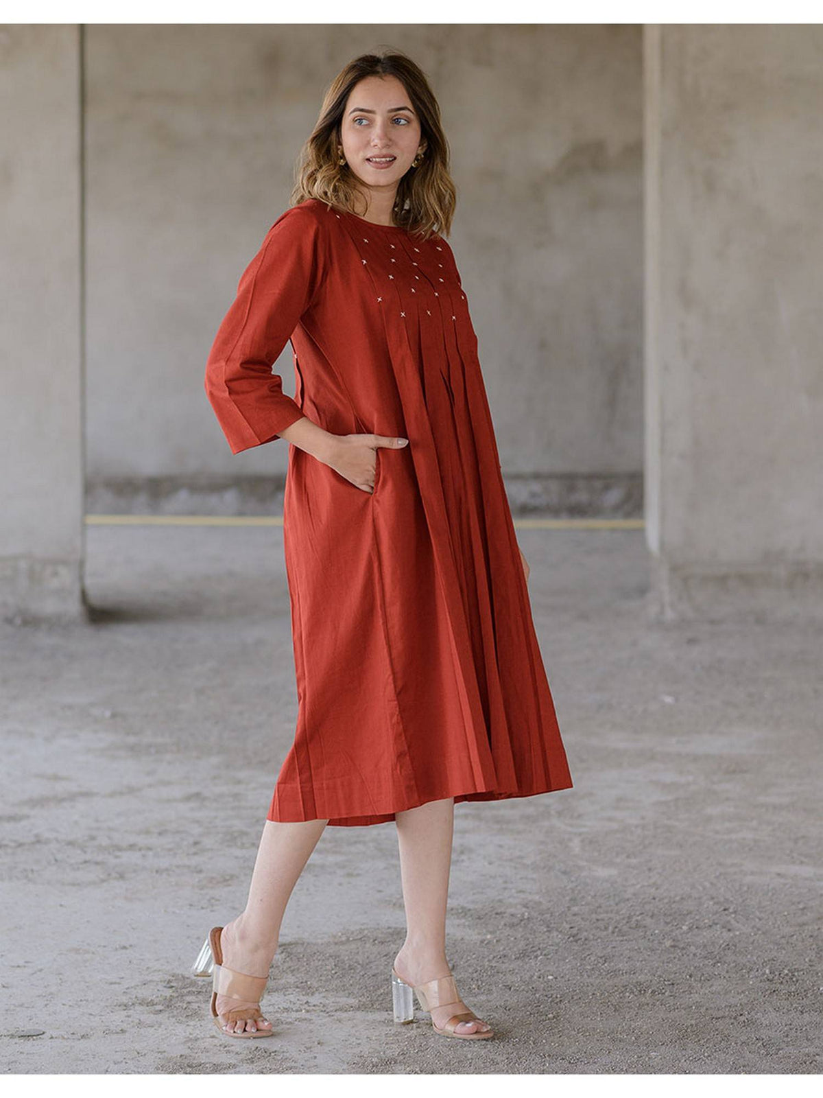 Women Maple Rust Cotton Smock Dress | D56 - view 2