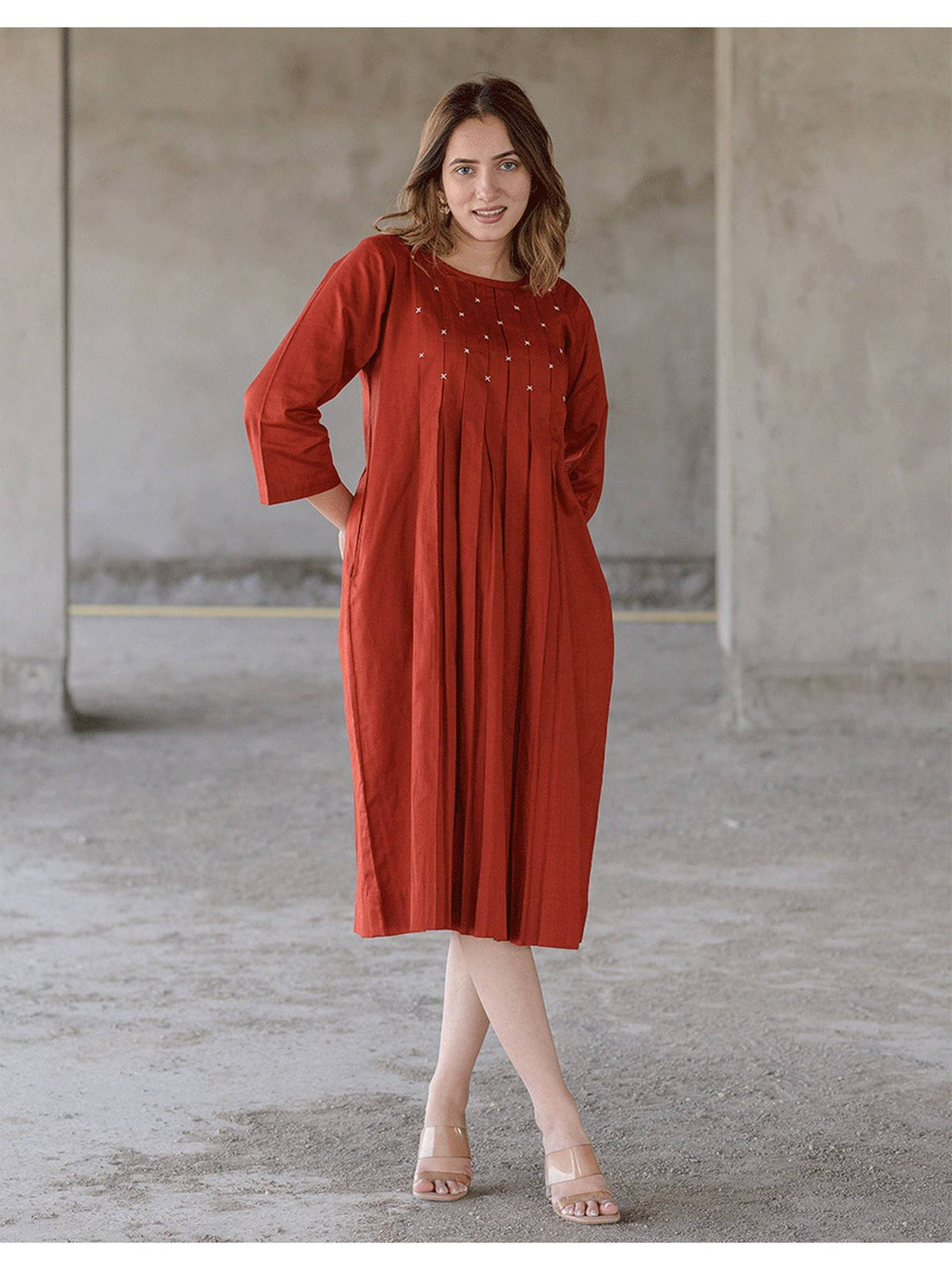 Women Maple Rust Cotton Smock Dress | D56 - view 5