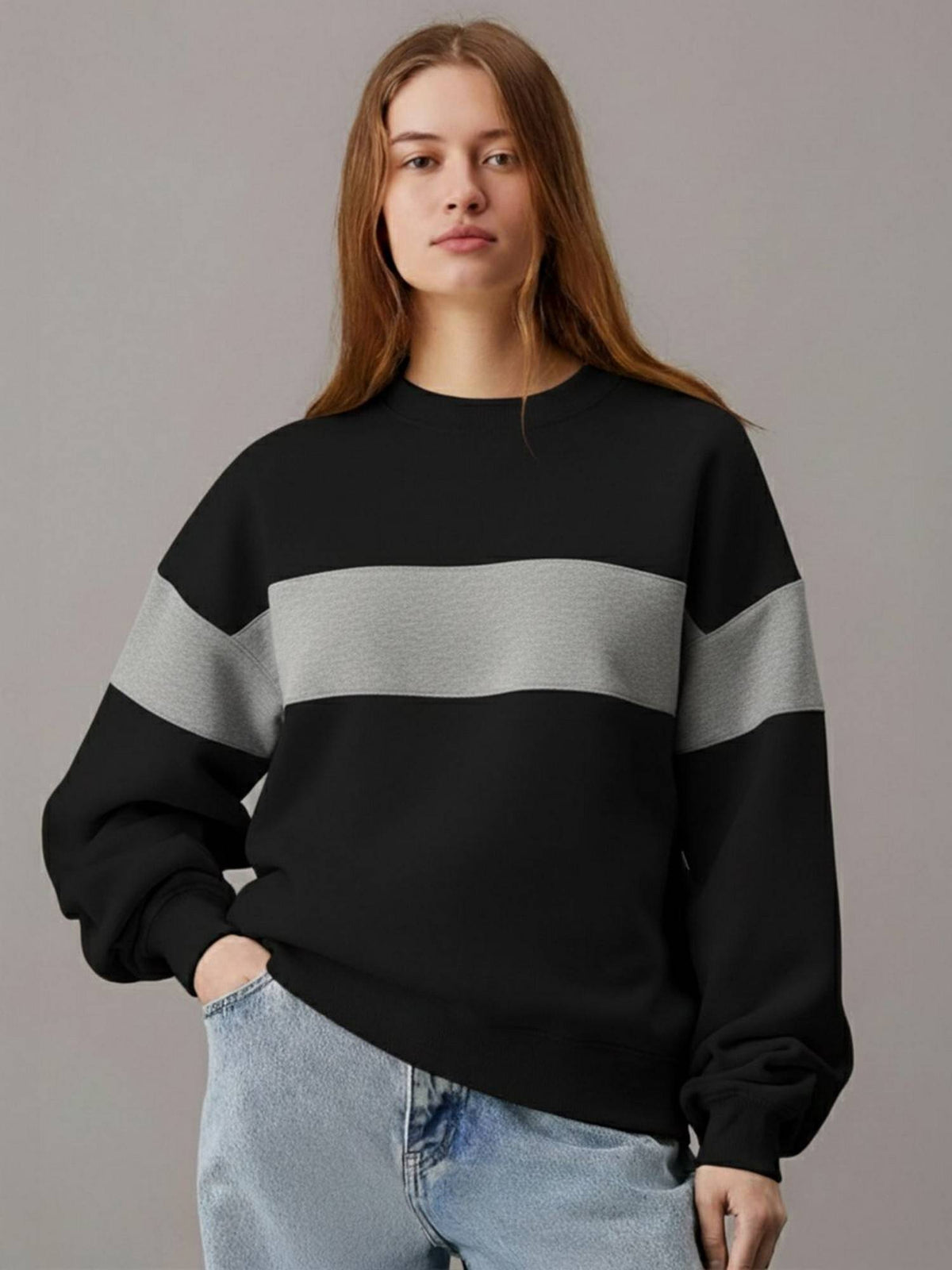 Women Black Fleece Colorblock Loose Fit Sweatshirt | SS90 - view 1